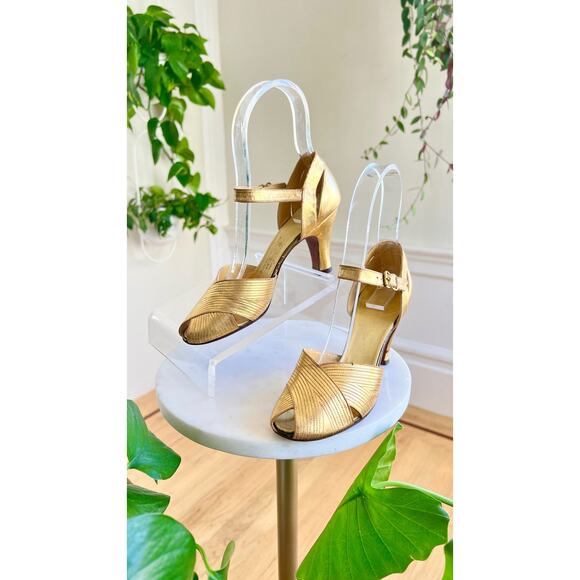 Vintage 1930s Shoes 30s Gold Leather Art Deco High Heels size US 5 - Picture 2 of 10